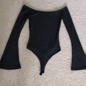 Grey, off the shoulder body suit